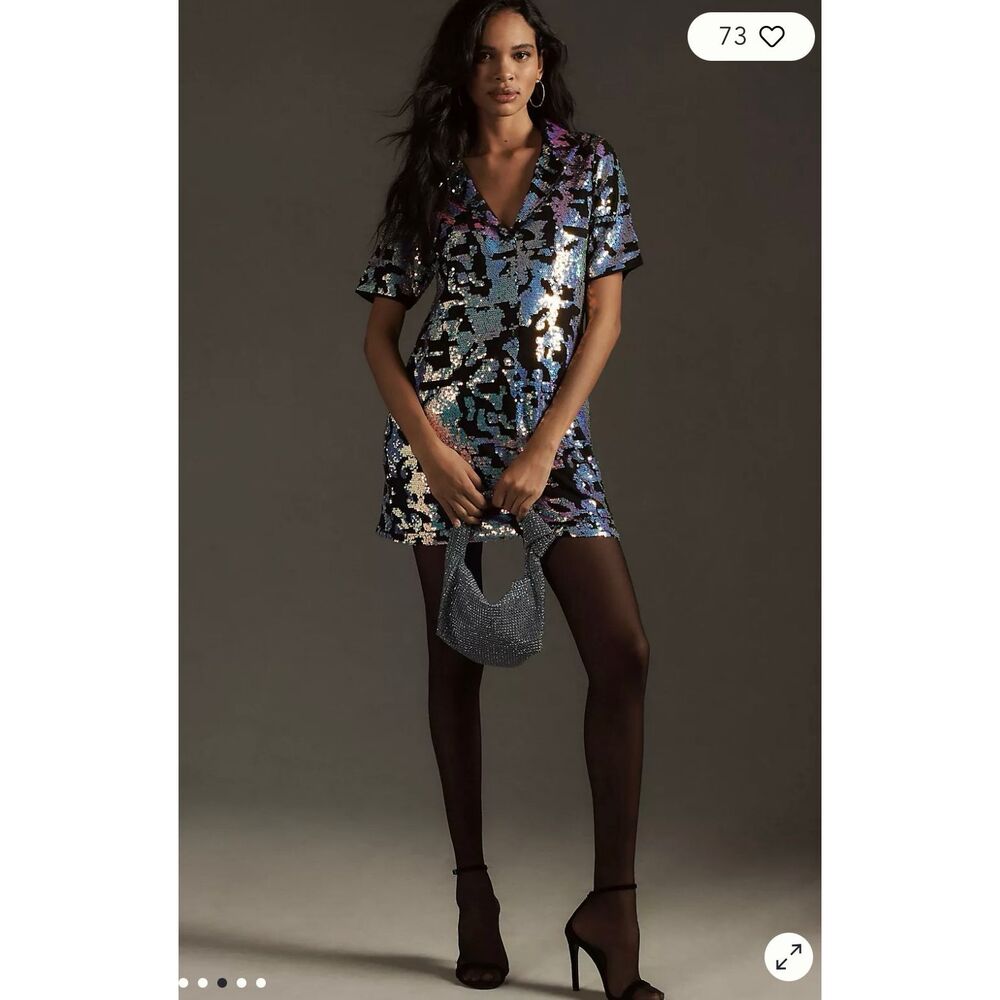 Anthropologie Sz M Bhanui by Jyoti Sequin Mini Dress Iridescent Blue Black Party - Picture 6 of 11